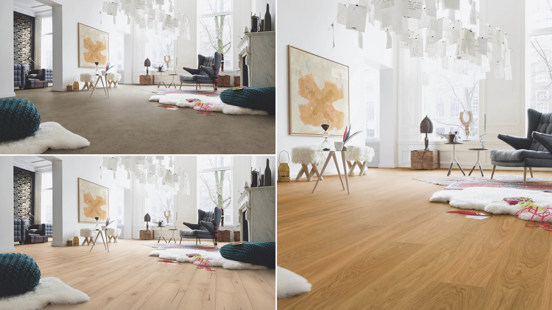 Laminat, Parkett, Designboden und Co. haben unterschiedliche Ausstrahlungen Bildcollage: drei verschiedene Bodentypen in einem Raum