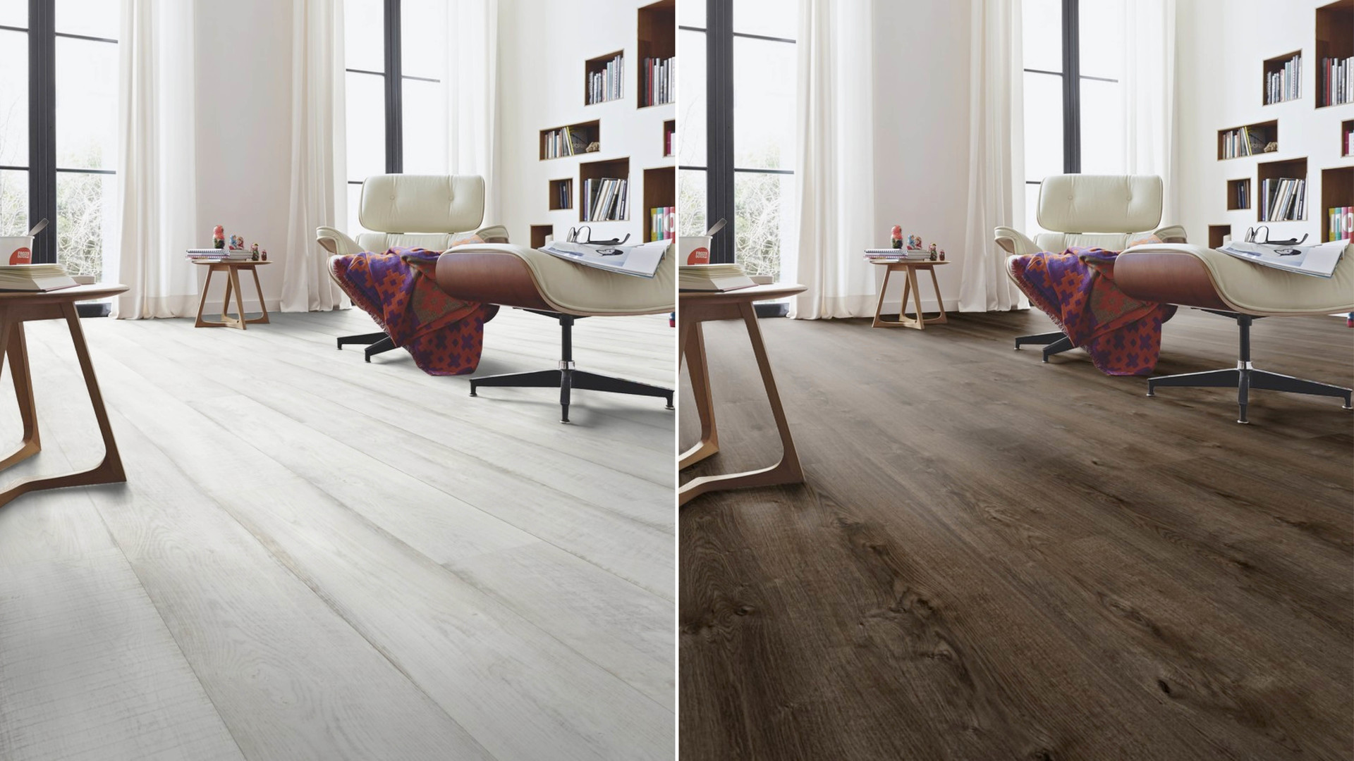 Helle oder dunkle Böden erzeugen ganz unterschiedliche Stimmungen im Raum. Gegenüberstellung eines hellen Bodens mit einem sehr dunklen Fußboden im gleichen Raum