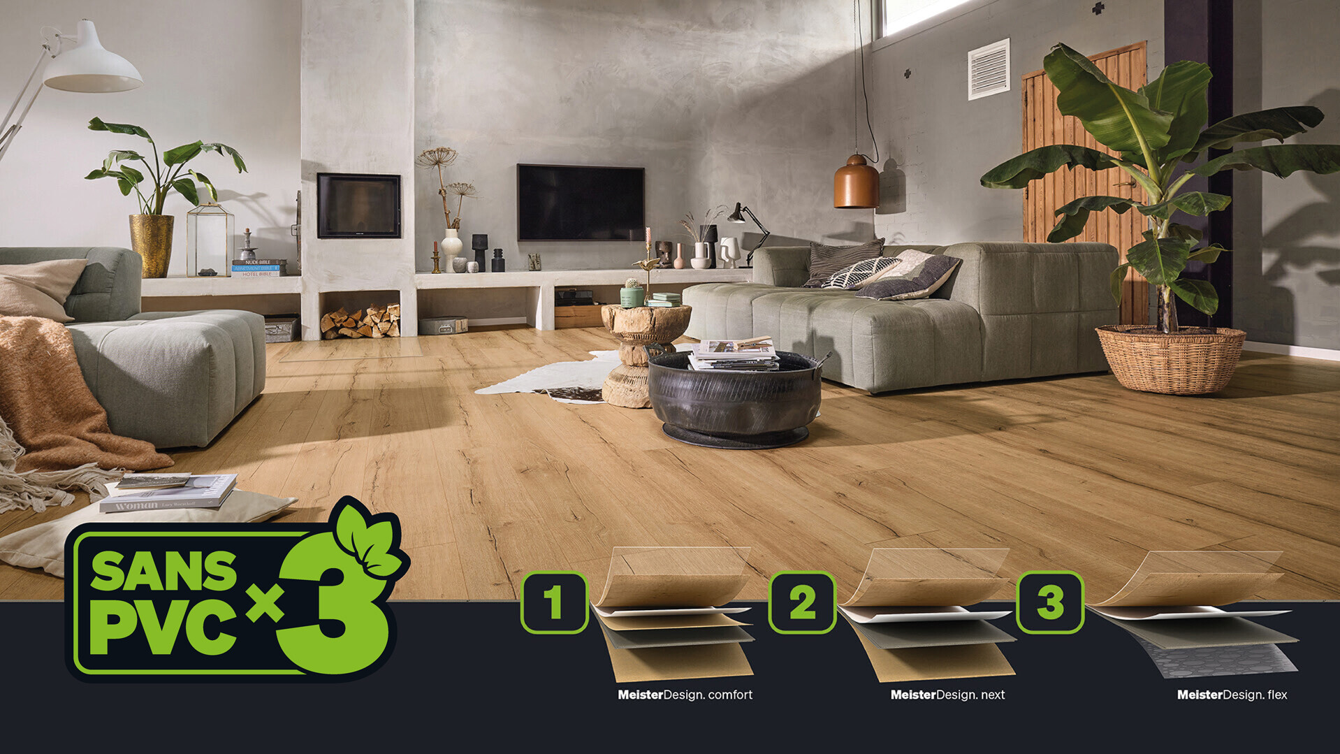 Kampagnenmotiv Designboden MeisterDesign WOOD: Darstellung der 3 PVC-freien Produktaufbauten