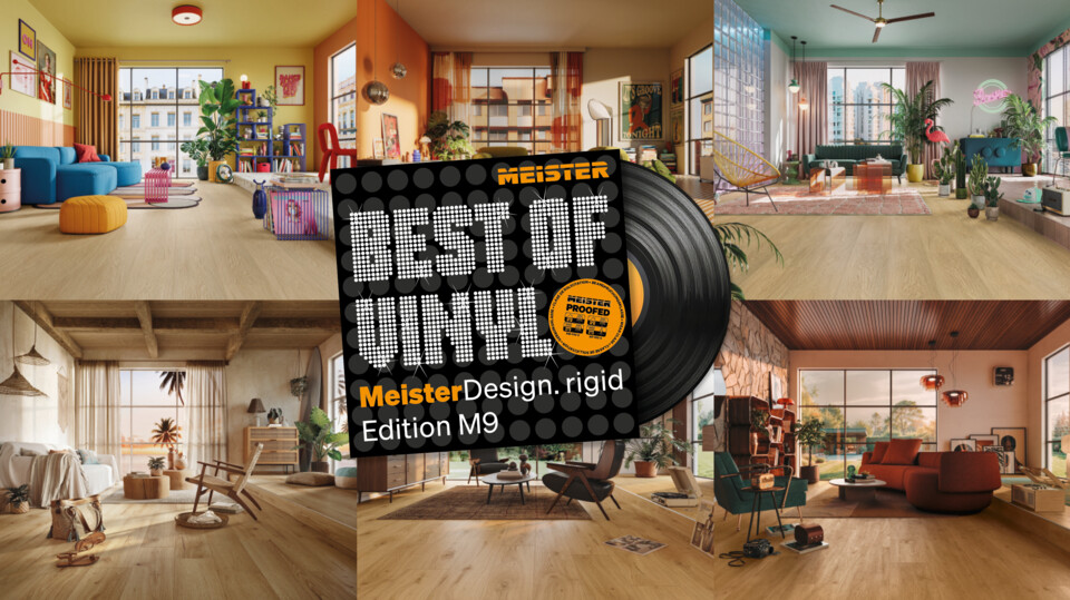 Kampagnenmotiv Best of Vinyl auf einer Collage aus den sechs Vinyl-Oberflächen der Kollektion in verschiedenen Raumsituationen
