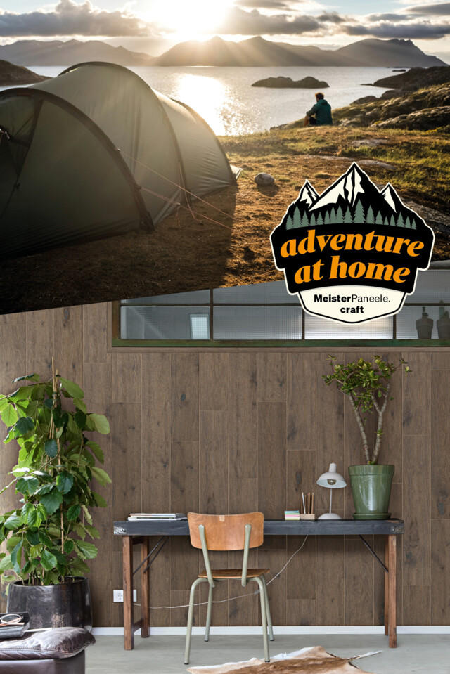 Collage aus einem Bild mit einer tollen Aussicht von einem Zeltplatz auf Wasser und Berge und einem Raum mit natürlichen Holzpaneelen an der Wand