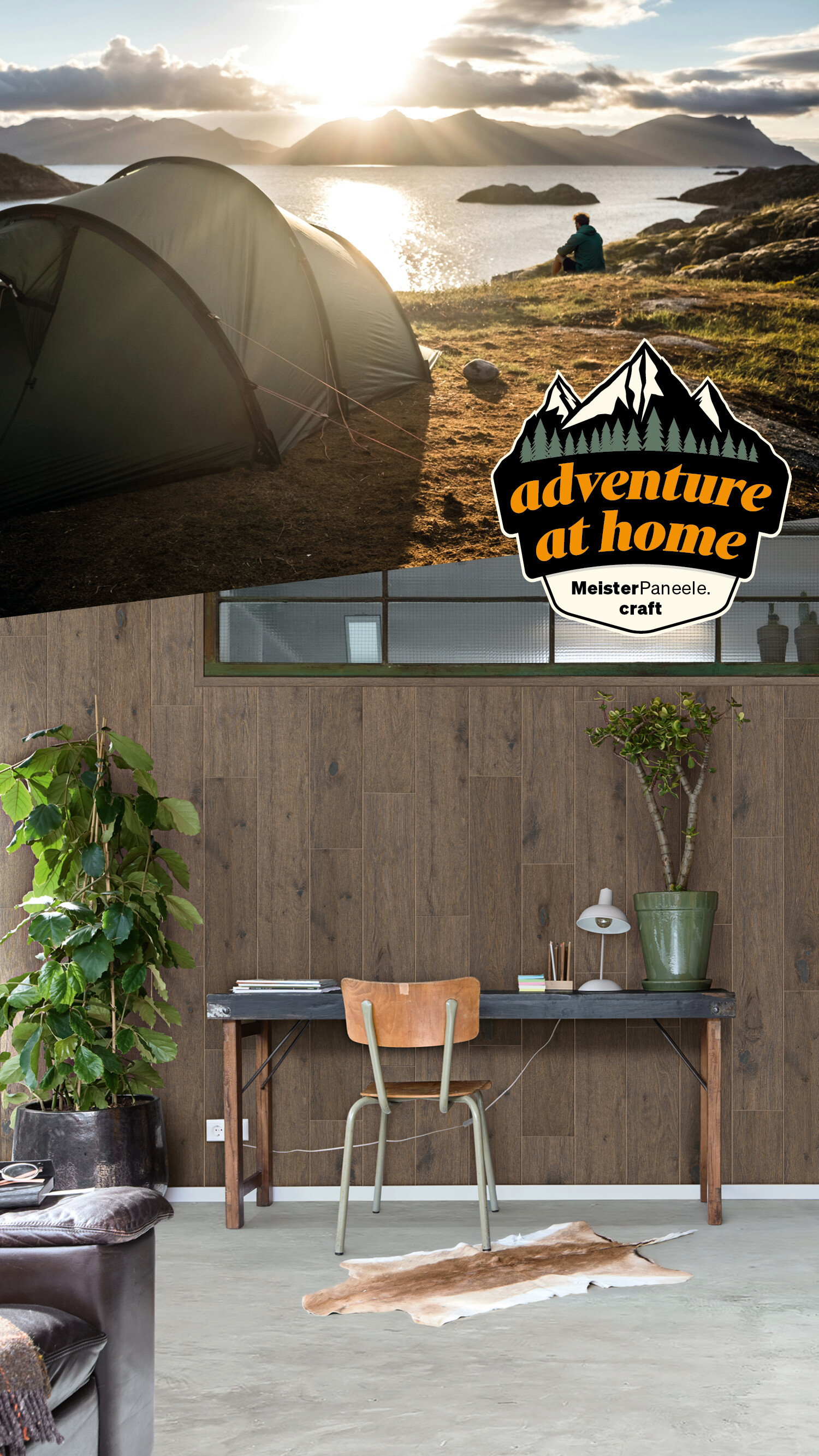 Paneele aus Echtholz Eiche olivgrau an einer Wand hinter einem Homeoffice Arbeitsplatz. Darüber ein Naturbild mit Blick aus einem Zelt auf wunderschöne Landschaft. 