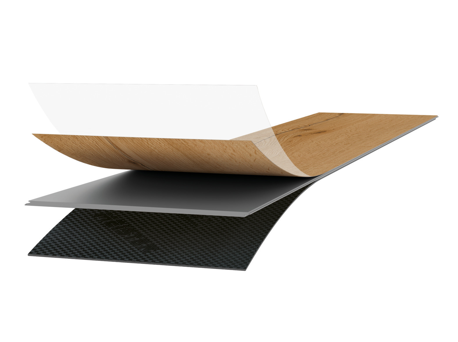 a. Mehrlagige Vinyloberfläche (Nutzschicht 0,55 mm) mit matter PUR-Lackierung
b. Dekorschicht
c. Rigid-Polymer-Trägerplatte - wasserfest 
d. Integrierter Schallschutz: 1 mm druckstabiler IXPE-Schaum