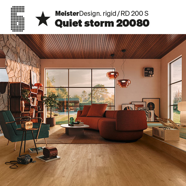 Authentische Holzoptik mit einem warmen Cognac-Ton auf Vinylboden im Wohnzimmer