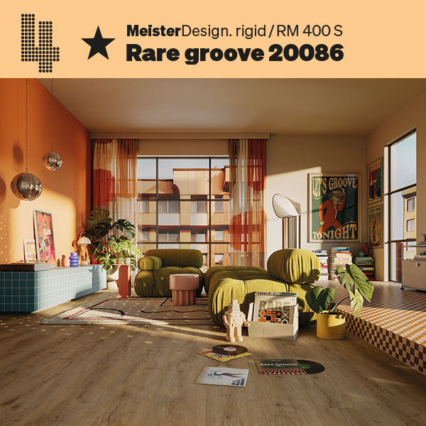 Markanter Vinylboden in einem bunt eingerichteten Wohnzimmer