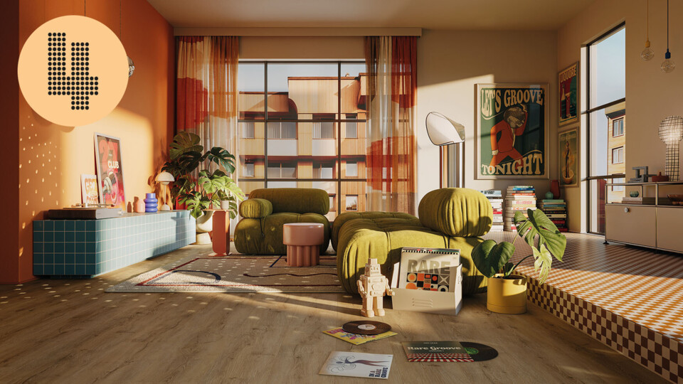 Vinylboden in rustikaler, hellbrauner Holzoptik in einem Wohnzimmer im 70er Jahre Style