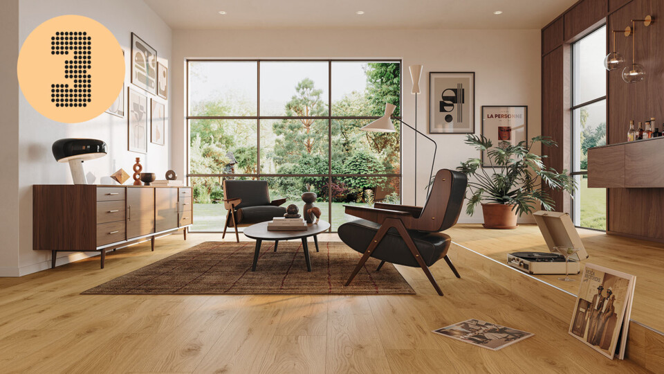 Vinylboden mit feiner Maserung in einer Midcentury-Wohnzimmereinrichtung